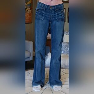 Rock & Republic Distressed Blue Flare Jeans with Front Patch Pockets